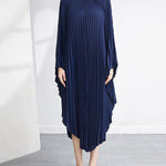 Urban Flared Batwing Sleeves Pleated Solid Color Round-Neck Midi Dresses