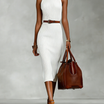 Women's Elegant White Knitted High-neck Sleeveless Fitted Midi Dress