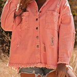 Distressed Raw Hem Denim Jacket with Chest Pockets