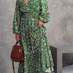 Fashion printed lantern long-sleeved V-neck backless stitching dress