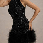 Dazzling and Playful Sequin High Neck Feather Trim Stretch Mini Dress