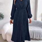 Elasticated Waist High Waisted Pleated Solid Color V-Neck Midi Dresses