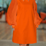 Puff Sleeves Beads Mesh Solid Color Split-Joint Round-neck Midi Dresses