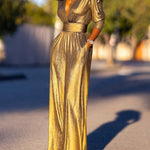 High Waisted Three-Quarter Sleeves Shiny Solid Color Deep V-Neck Jumpsuits Bottoms