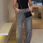 Fashion Star Rhinestone High Rise Casual Pocket Straight Loose Jeans