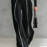 White Trim High-neck Long-sleeved Top With Wide-leg Pants and Belt Set