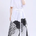 Loose Short Sleeves Contrast Color Drawstring Printed Tied Waist Lapel Midi Dresses Shirt Dress