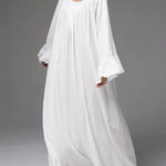 A-Line Flared Sleeves Pleated Solid Color Split-Joint Round-Neck Maxi Dresses