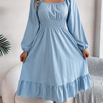 A-Line Elasticated Waist Pleated Ruffled Solid Color Square-Neck Midi Dresses