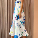 She's The Fun Linen Blend Playful Print Ladder Trim Midi Dress