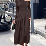 High Waisted Long Sleeves Pleated Solid Color Split-Front One-Shoulder Maxi Dresses