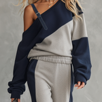 Casual Sportswear Patchwork One-shoulder Sweatshirt And Sweatpants Set