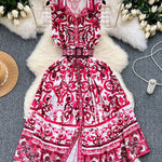 Sleeveless Belt Buckle Buttoned Contrast Color Floral Printed Midi Dresses