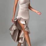 YES I DO Satin One Shoulder Ruched Slit Ruffles Maxi Dress