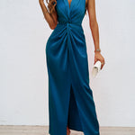 Bodycon High Waisted Elasticity Knot Solid Color Split-Front Split-Joint Zipper V-Neck Maxi Dresses