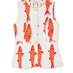 Good Luck Linen Blend Koi Pattern Metal Buttons Waisted Vest
