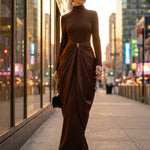 Long Sleeves Buckle Draped High-Neck Evening Dresses Maxi Dresses