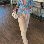 Casual Gold Tone Button Double Breasted Lapel Collar Tailored Denim Blazer