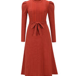 High Waisted Long Sleeves Solid Color Tied Waist Round-Neck Midi Dresses Sweater Dresses