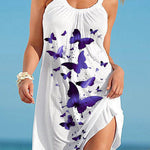A-Line Loose Butterfly Print Pleated Spaghetti-Neck Mini Dresses