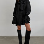 A-Line Flared Sleeves Buttoned Elasticity Pleated Solid Color Tied Zipper Stand Collar Mini Dresses
