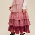 Pink Gradient Mesh Ruffle Tiered Tulle Maxi Skirt