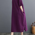 A-Line Loose Chinese Frog Buttons Pockets Solid Color Split-Side V-Neck Midi Dresses