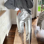 Funky Fun Design Metallic Fabric Pocket Stretch Straight Pants