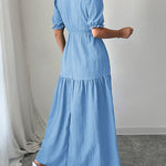 Half Sleeves High Waisted Pleated Solid Color Split-Front V-Neck Maxi Dresses