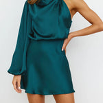 High Waisted Long Sleeves Asymmetric Elasticity Solid Color High Neck Mini Dresses