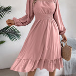 A-Line Elasticated Waist Pleated Ruffled Solid Color Square-Neck Midi Dresses
