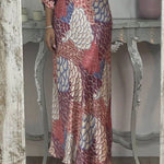 Satin Floral Print V-neck Half-sleeve Loose Top and Elegant Maxi Skirt Set