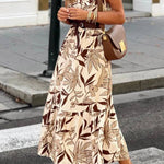 Brown Ruffled V Neck Leaves Print Long Dress