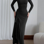 Bodycon High Waisted Asymmetric Pleated Ruffled Solid Color Split-Joint Round-Neck Maxi Dresses