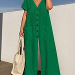 Loose Short Sleeves Buttoned Pockets Solid Color V-Neck Jumpsuits