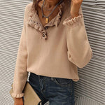 Long Sleeve Button Down Ruffle Knit Pullover Sweater Tops