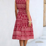 Sleeveless Buttoned Printed Tied Waist Lapel Collar Midi Dresses