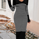 Long Sleeves Loose Contrast Color Striped V-Neck Midi Dresses Sweater Dresses