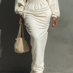 Women's Minimalist Waist Shirring Hooded Sweatshirt Maxi Dress