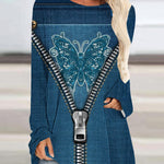Crew Neck Long Sleeve Denim Pattern Mid-length Blouse