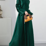 Casual Long Sleeves Loose Tied Pleated Stand Collar Midi Dresses