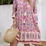 A-Line Loose Contrast Color Drawstring Flower Print Pleated Split-Joint V-Neck Mini Dresses