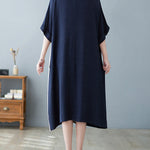 Half Sleeves Loose Contrast Color Round-Neck Midi Dresses
