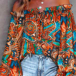 Off Shoulder Long Sleeve Printed Pullover Top