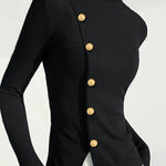 Long Sleeves Skinny Buttoned Solid Color High Neck T-Shirts Tops