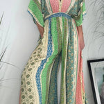 Last Queen Retro Floral Flare Sleeve Pocketed Loose Wide Leg Jumpsuit