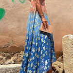 Evaluna Tie Dye Gradient Golden Flower Print Short Sleeve A-line Maxi Dress