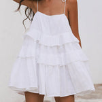A-Line High Waisted Backless Layered Pleated Solid Color Spaghetti-Neck Mini Dresses