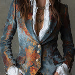 Retro Oil Painting Style Polyester Velvet Printed Double-breasted Blazer