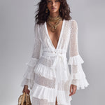 Women's Crisp White Crochet Knit Cardigan With Deep V-Neck & Layered Ruffles, Timeless Bohemian-Glam Style Cardigan